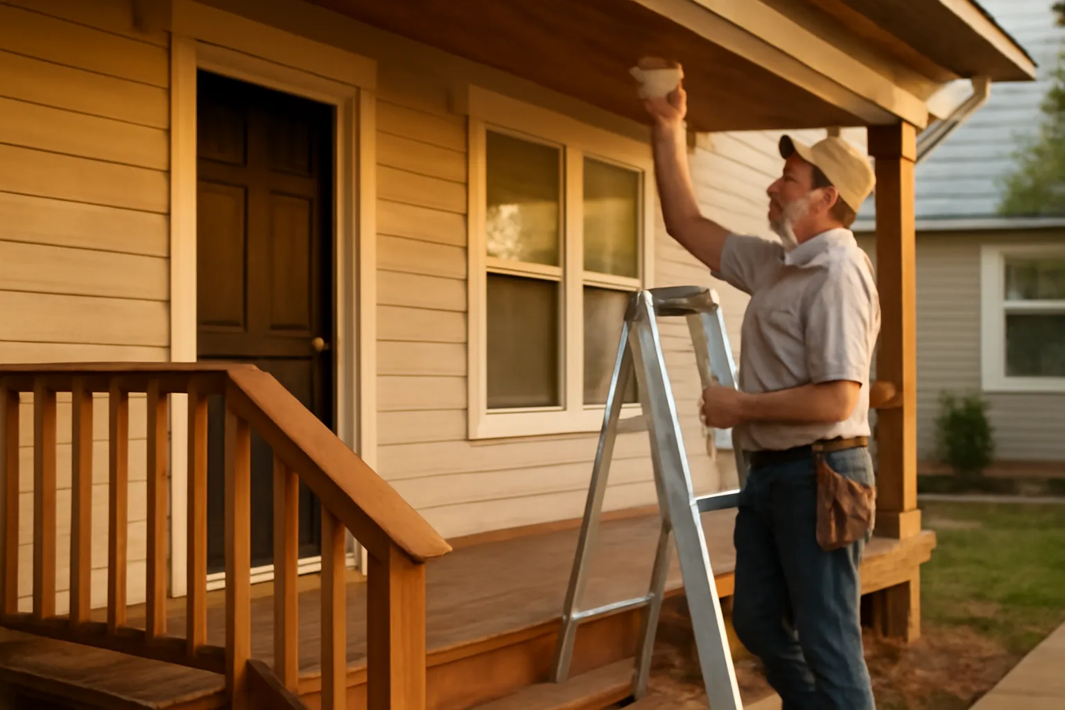 Landlord checking a smoke detector on a rental property porch ceiling