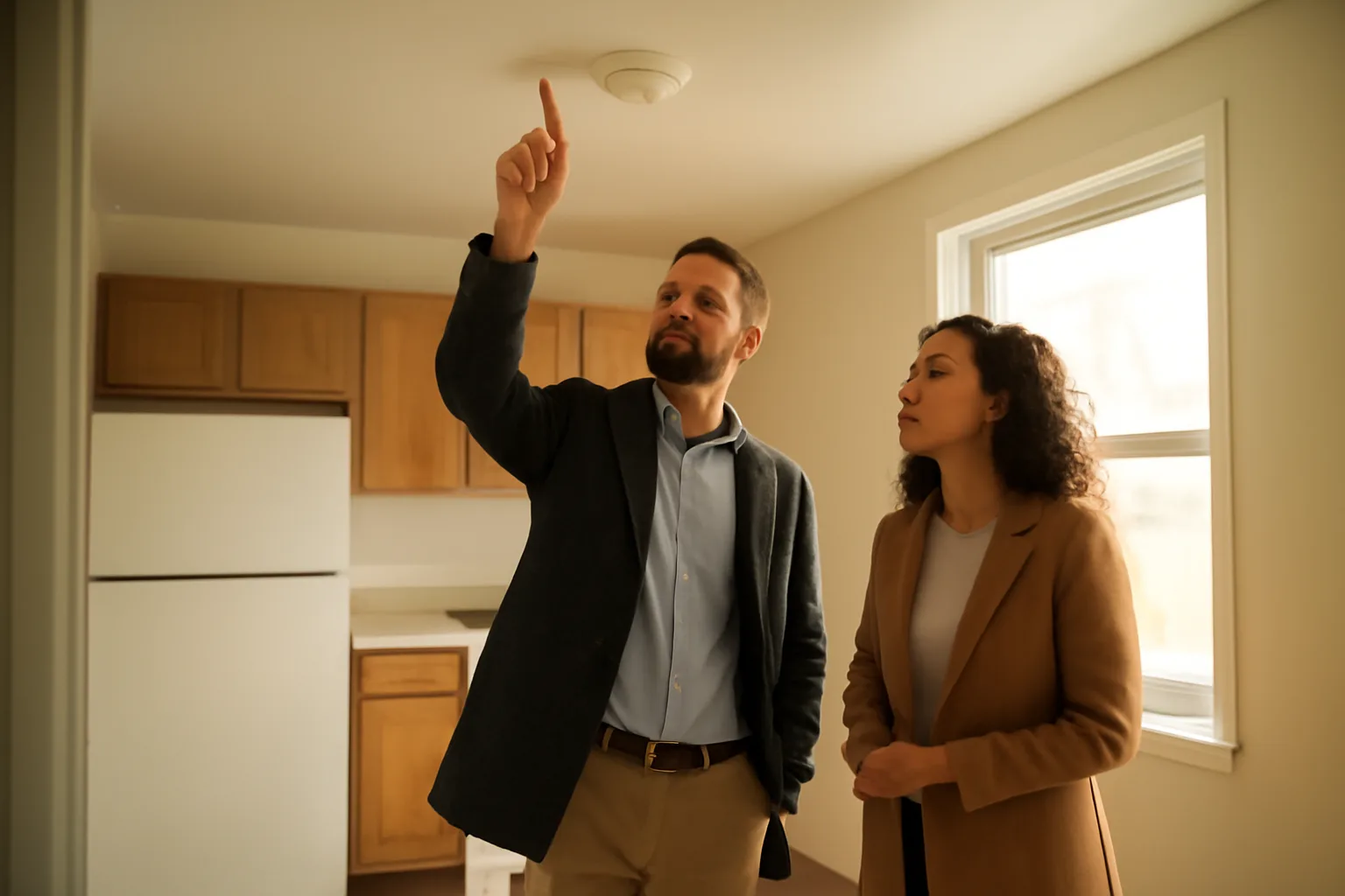 Landlord and tenant reviewing a rental unit together during a walk-through inspection