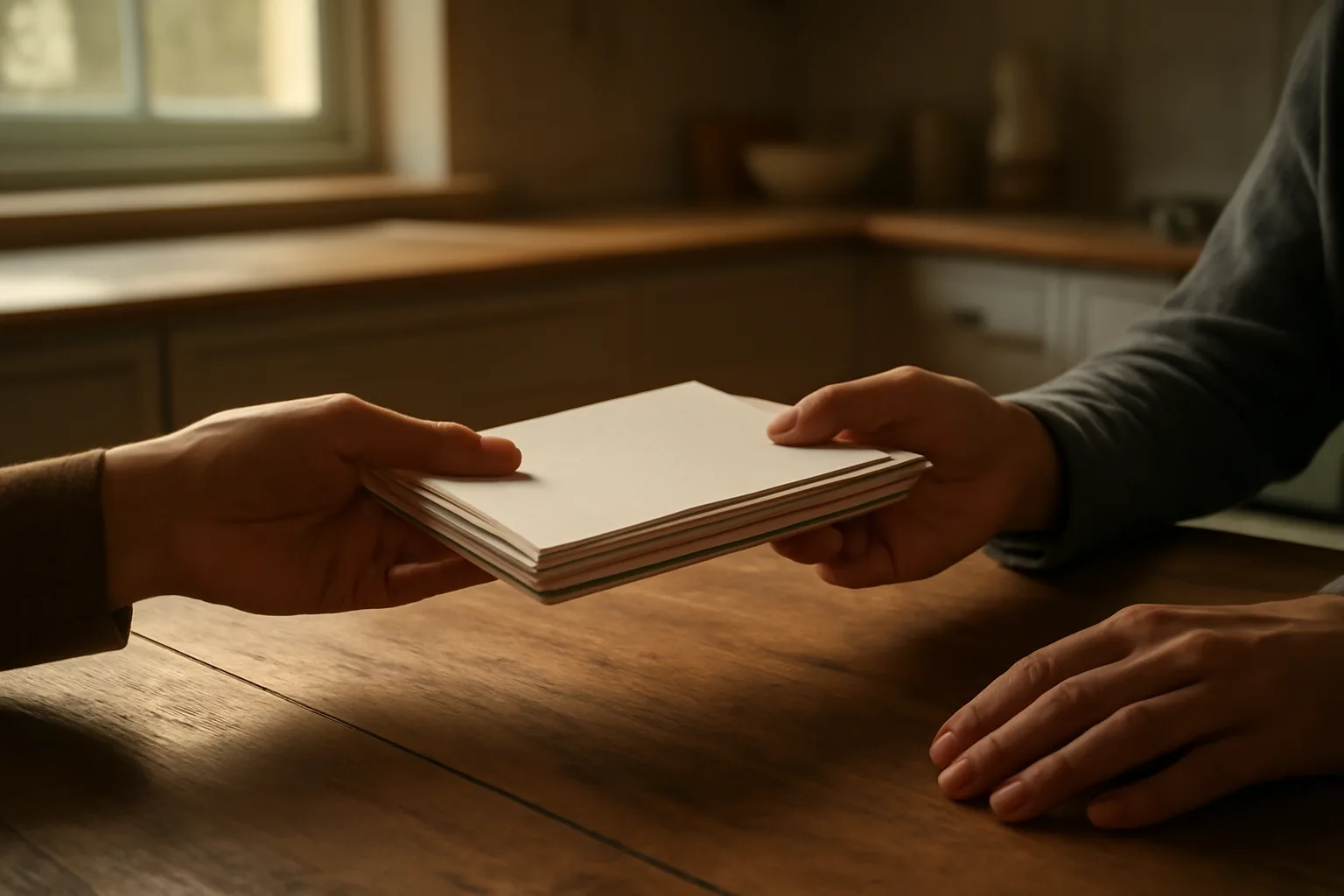 Landlord and prospective tenant exchanging documents across a kitchen table during screening