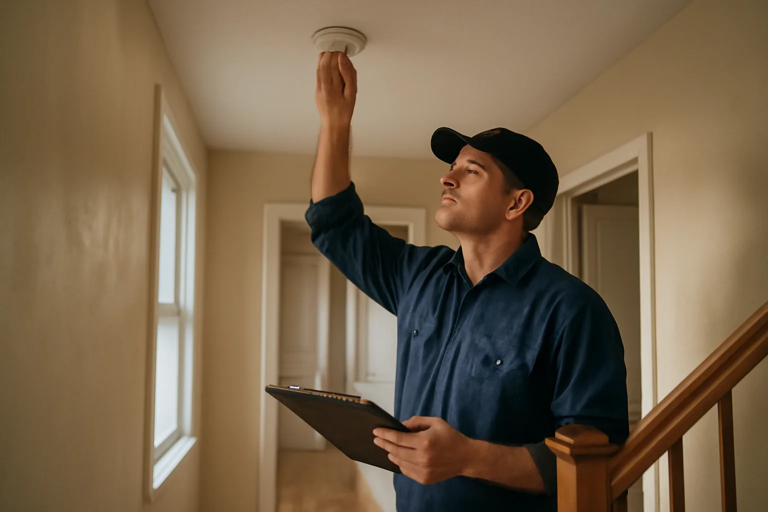 Landlord checking a smoke detector during a rental unit inspection walk-through