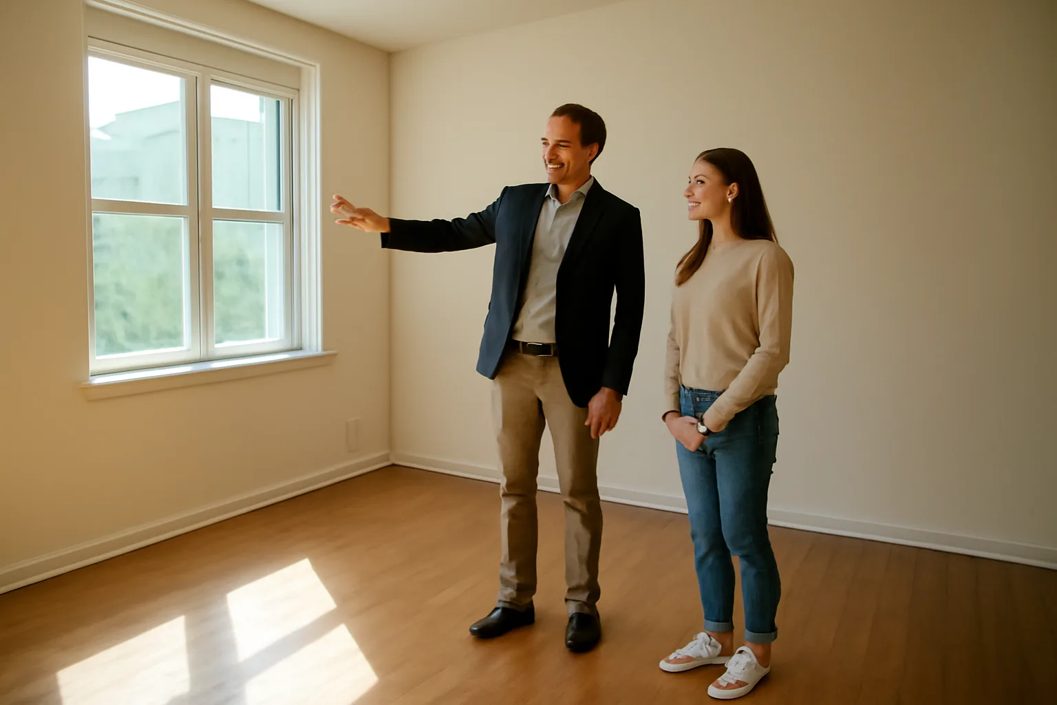 Landlord and tenant reviewing an empty apartment during a move-in walkthrough inspection