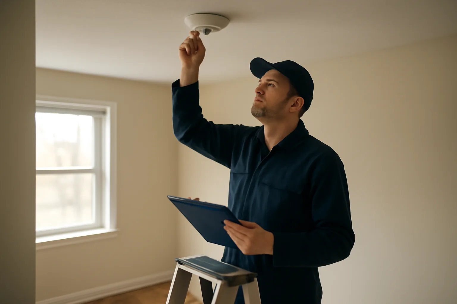 Landlord standing on stepladder testing a smoke detector during a rental unit walk-through