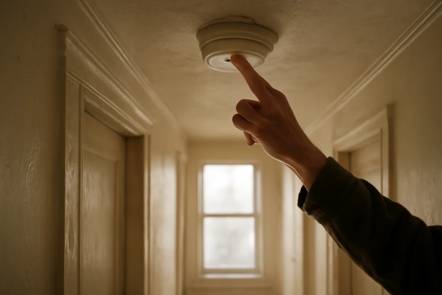 Landlord testing a smoke detector during a rental property inspection walkthrough