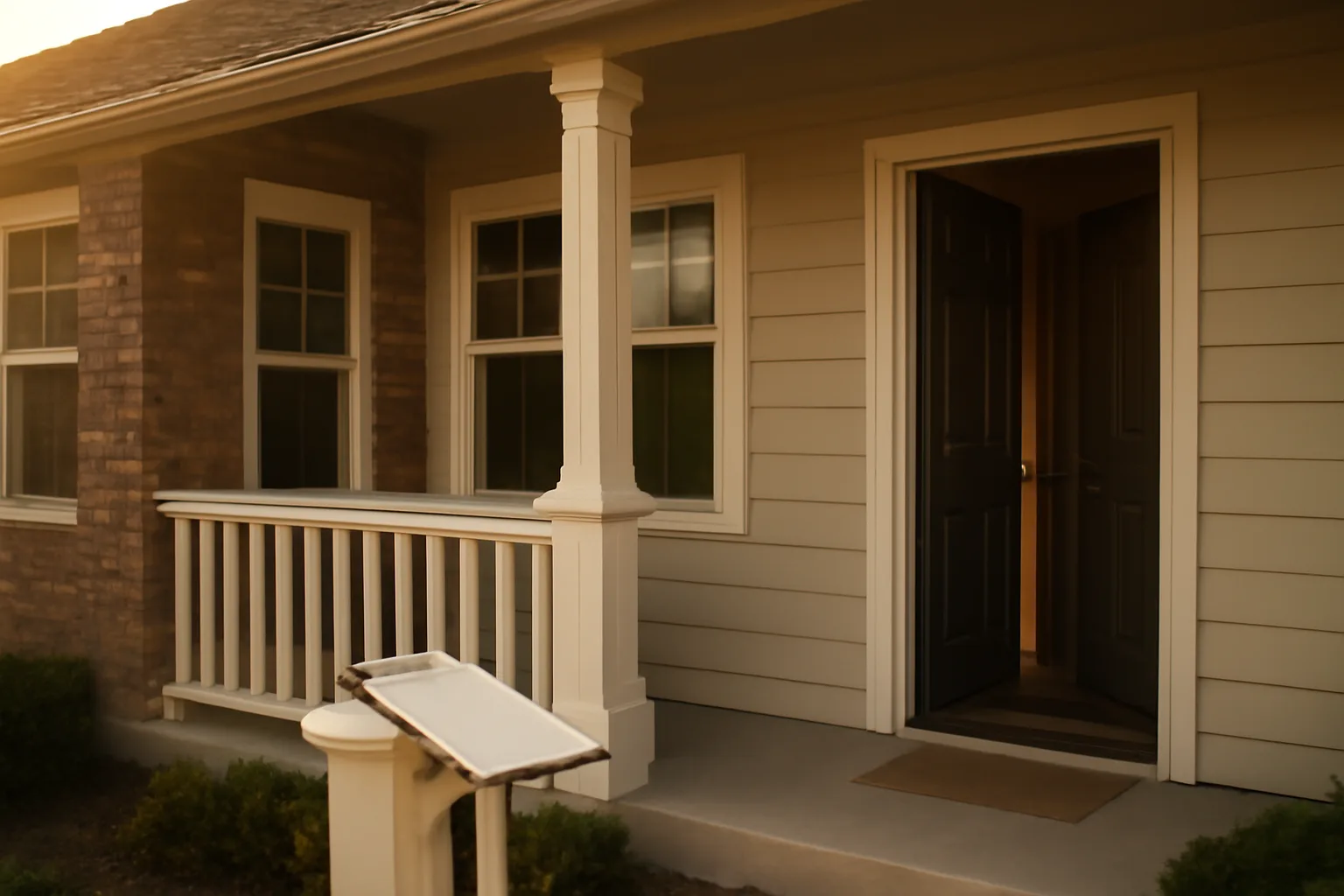 Landlord's clipboard and keys resting on a duplex porch railing at dusk