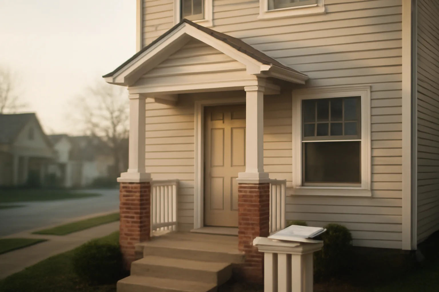 Duplex rental property exterior in morning light with clipboard on porch railing