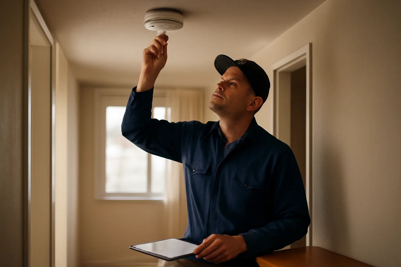 Landlord inspecting a smoke detector in a rental apartment hallway during a compliance check