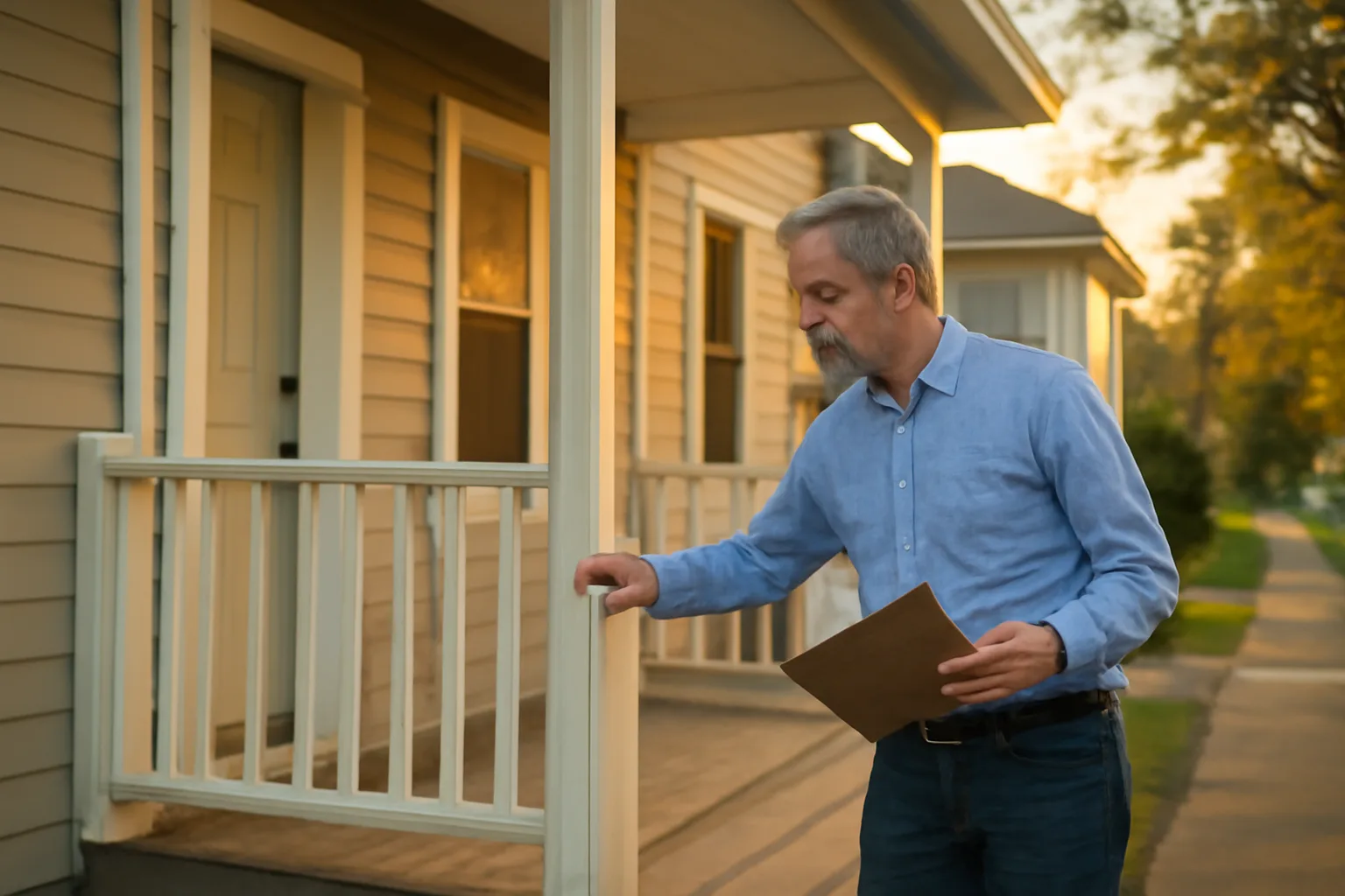 Landlord inspecting a rental duplex porch during a walk-through at sunset