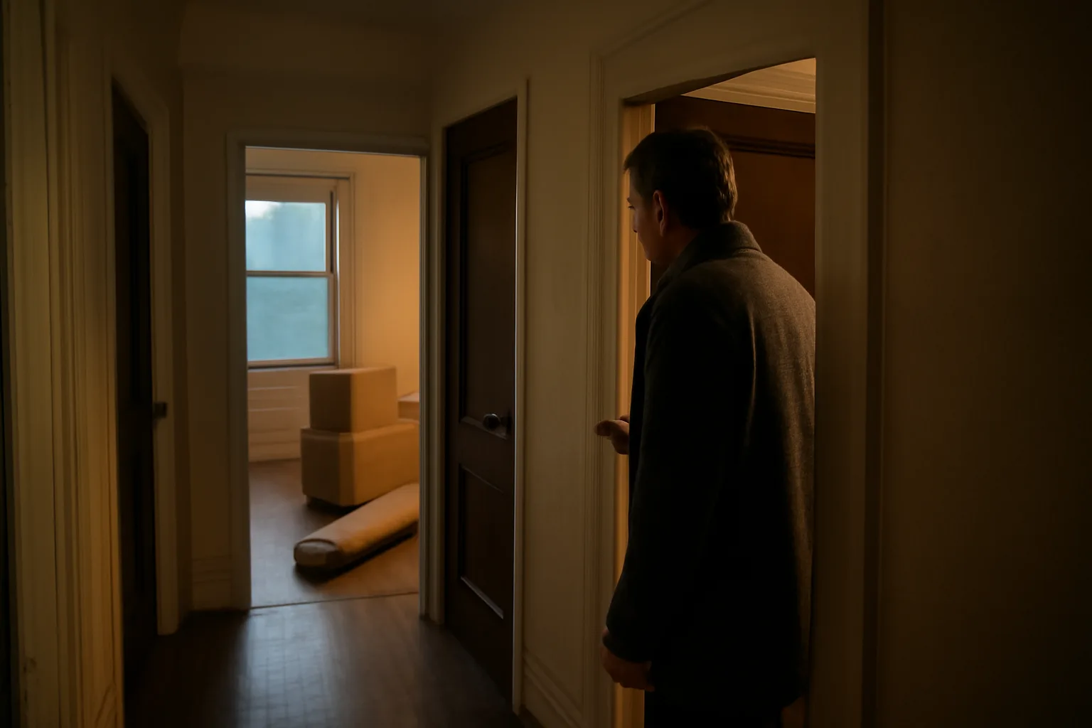 Landlord checking boxes stored in a vacant unit of a small duplex building.