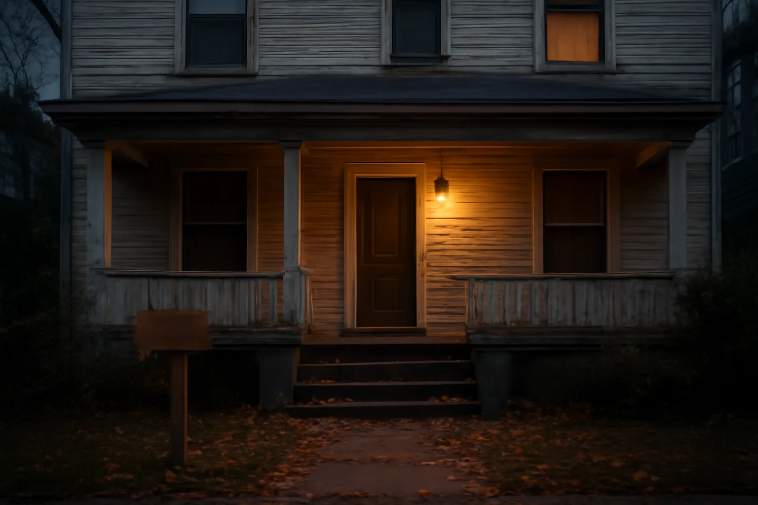 Duplex rental exterior at dusk representing a landlord's rental license status