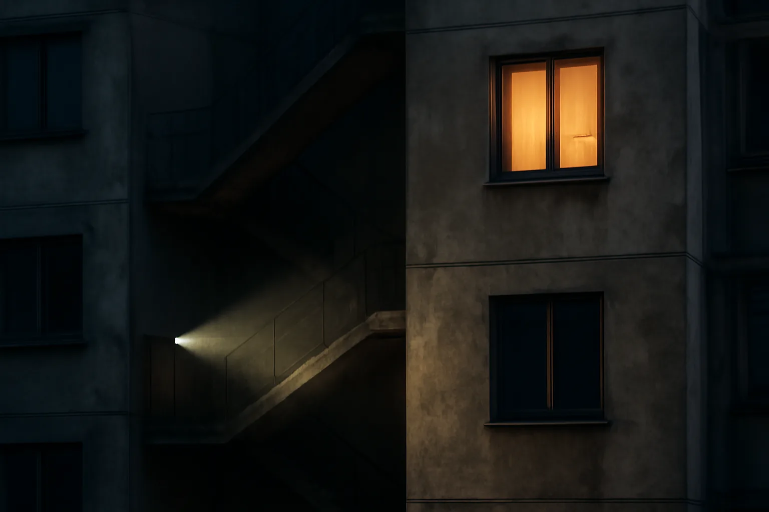 Apartment building exterior at dusk with an inspector's flashlight on the stairwell