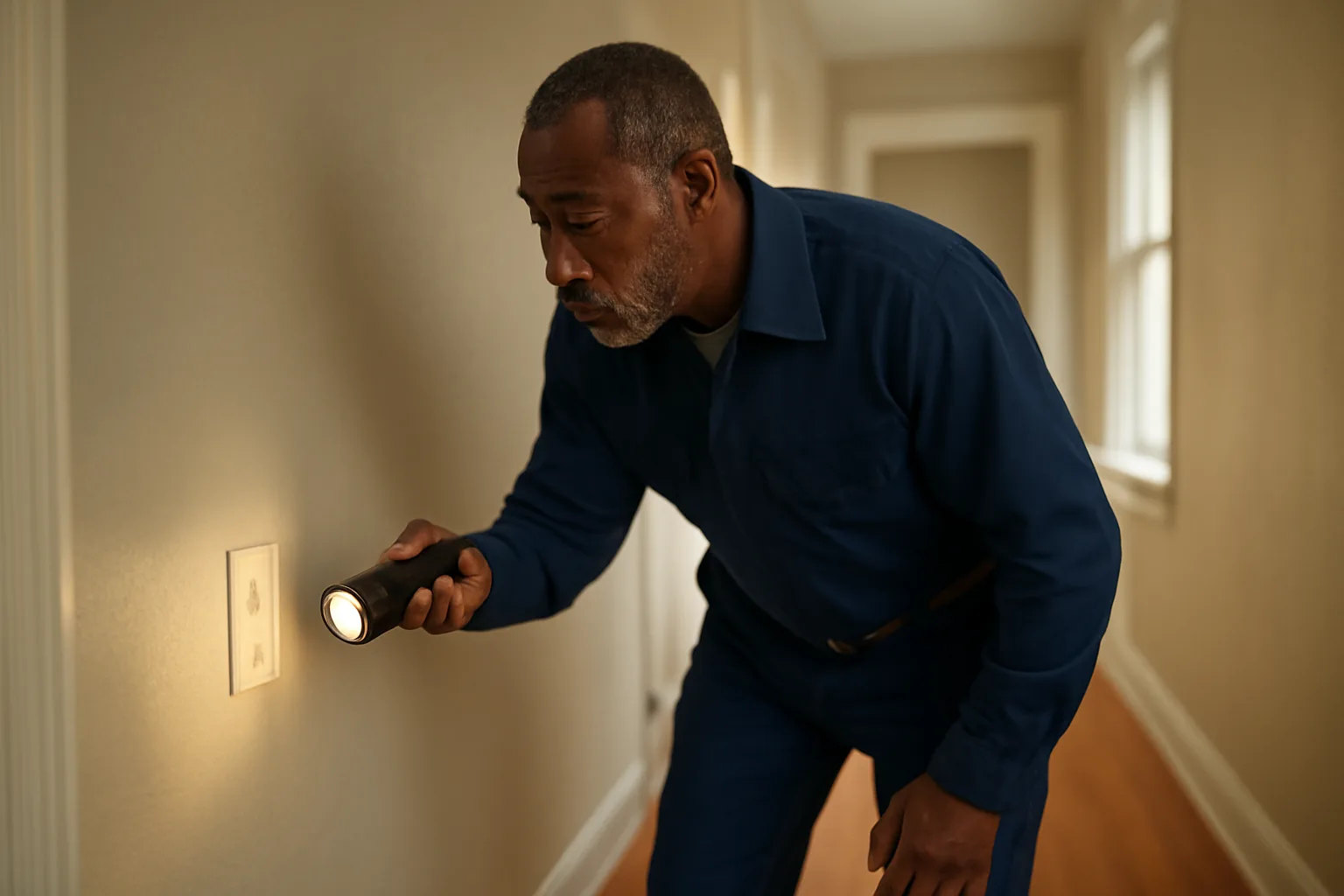 Landlord inspecting an electrical outlet in an empty rental unit hallway