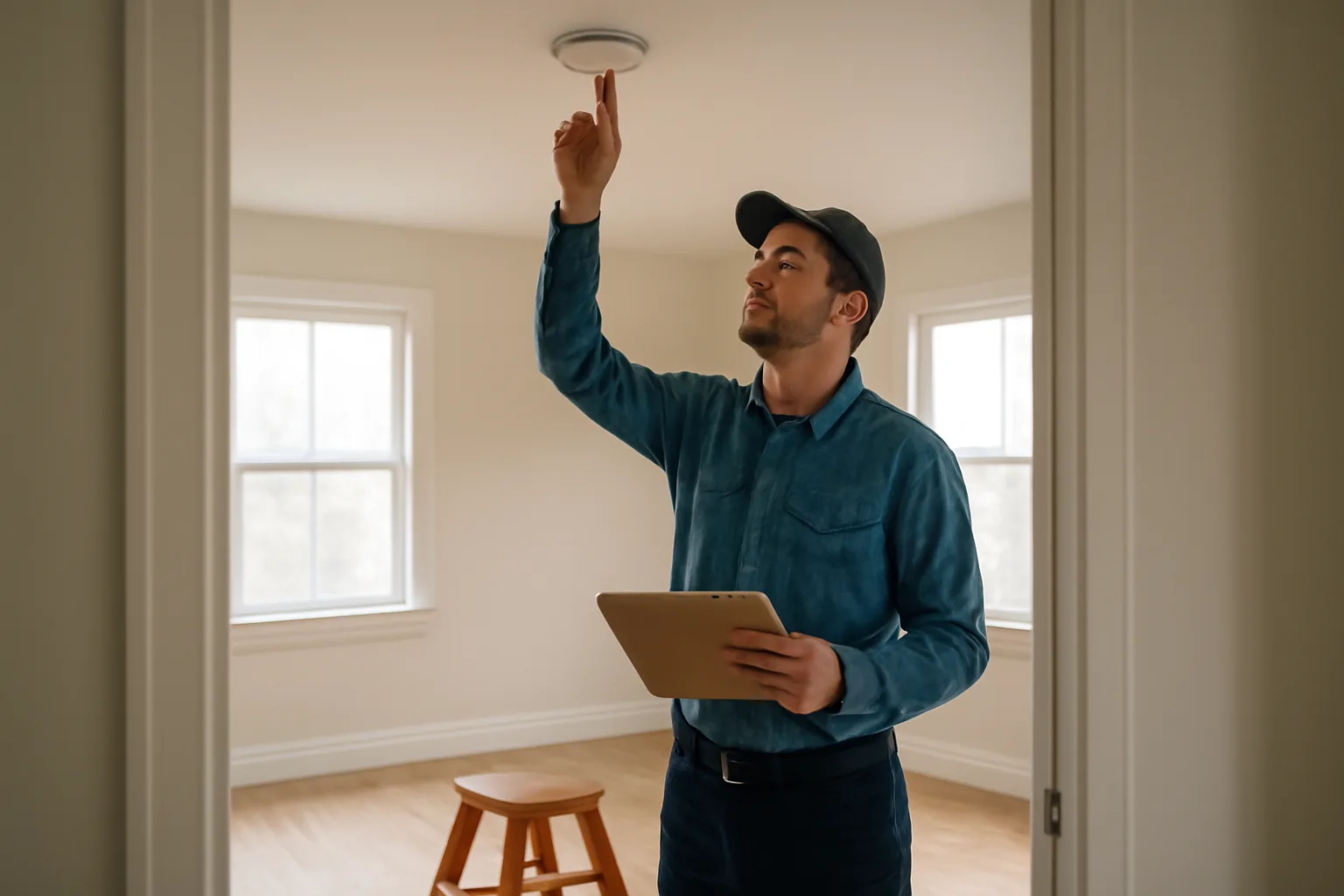 landlord inspecting smoke detector during a rental unit walk-through inspection