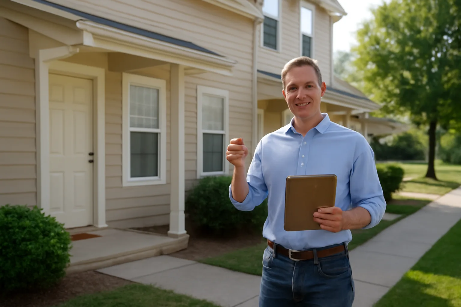 Landlord standing outside a rental duplex holding keys during a property check