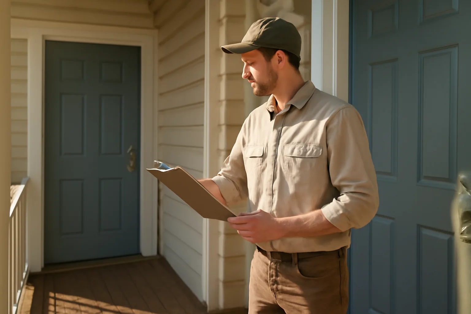 Landlord inspecting a rental property doorway during a routine walk-through