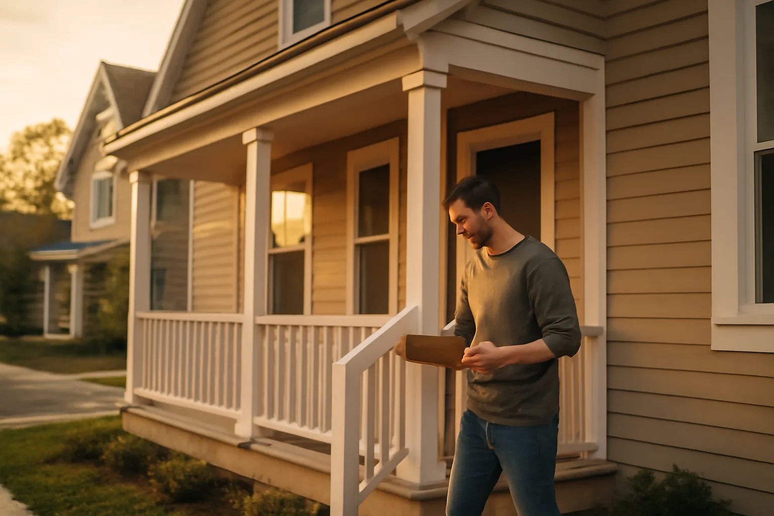 landlord inspecting a rental duplex porch during a walk-through at golden hour