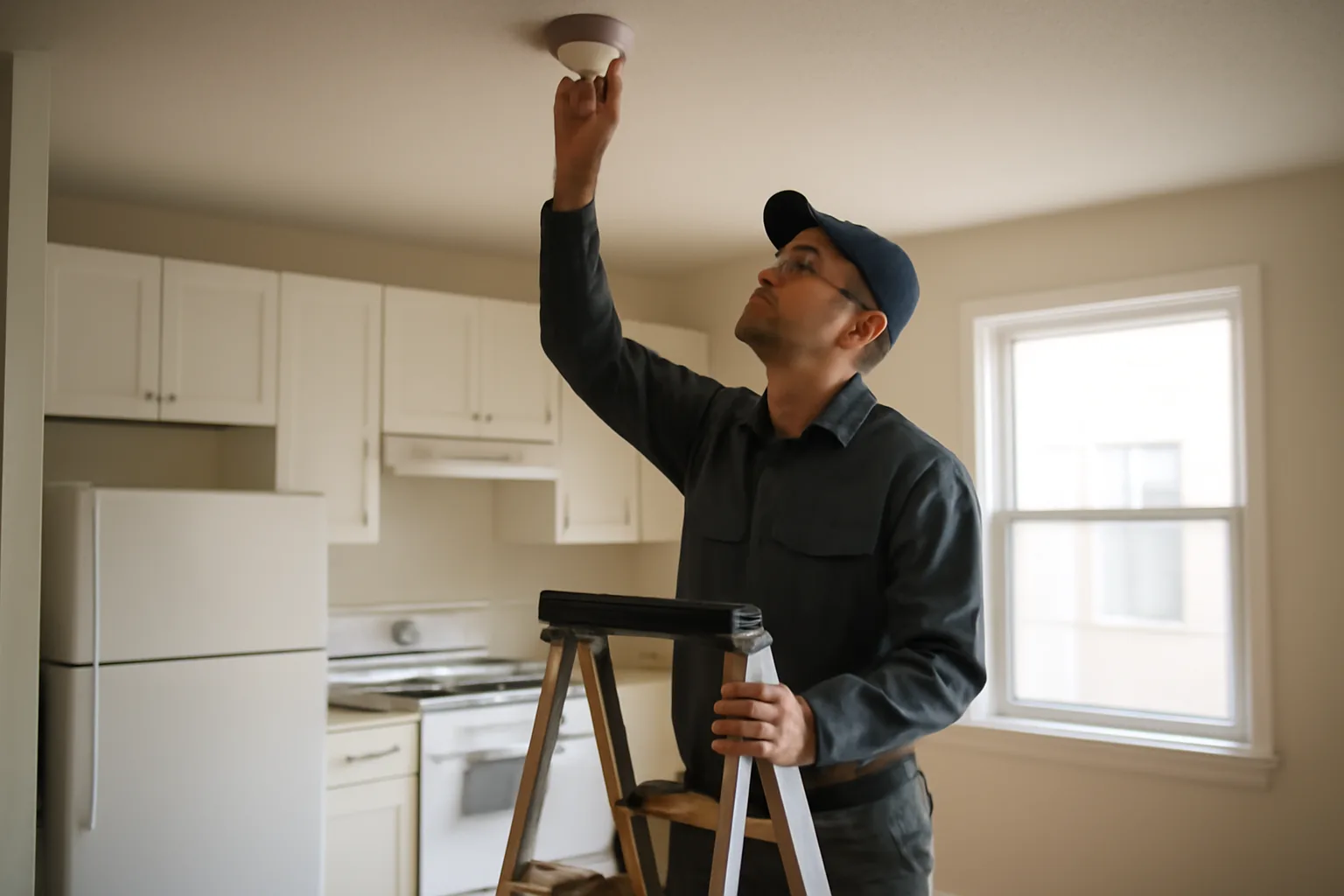 Landlord checking a smoke detector during a rental property registration inspection