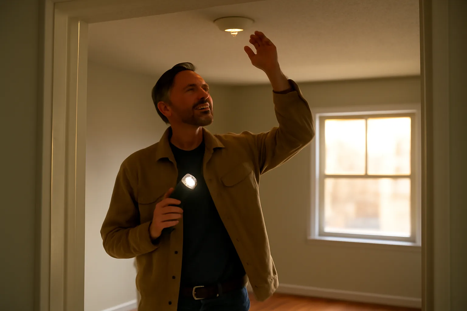 Landlord checking a smoke detector during a rental property inspection