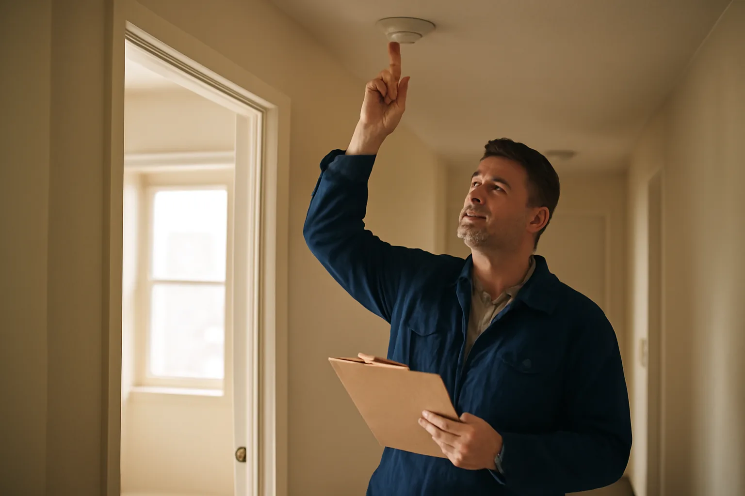 Landlord checking a smoke detector during a rental property inspection walkthrough
