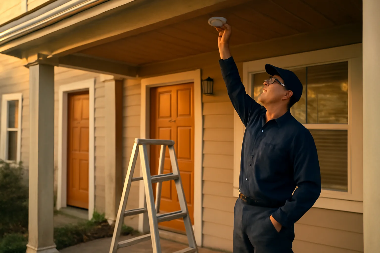 Landlord inspecting a smoke detector on a rental duplex porch at dusk