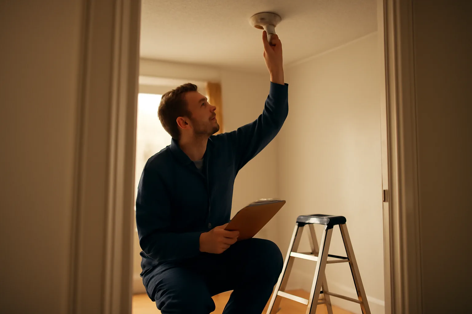 Landlord using a clipboard checklist to inspect a smoke detector in an empty rental unit