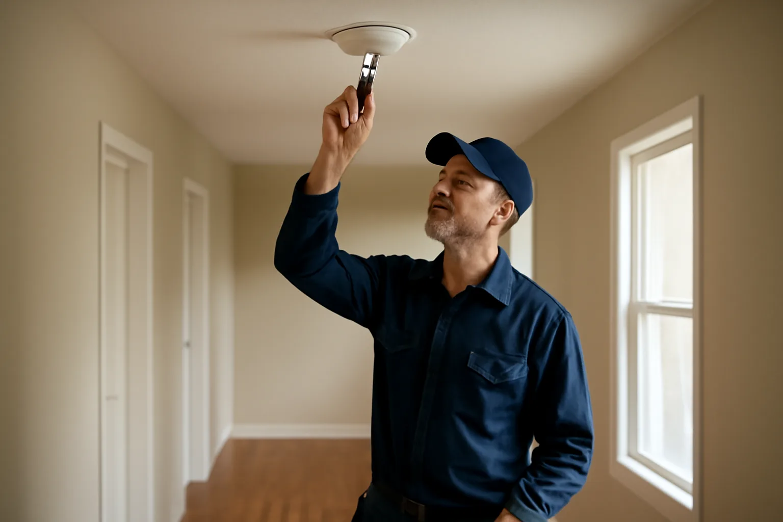 Landlord checking a smoke detector during a rental property inspection walk-through