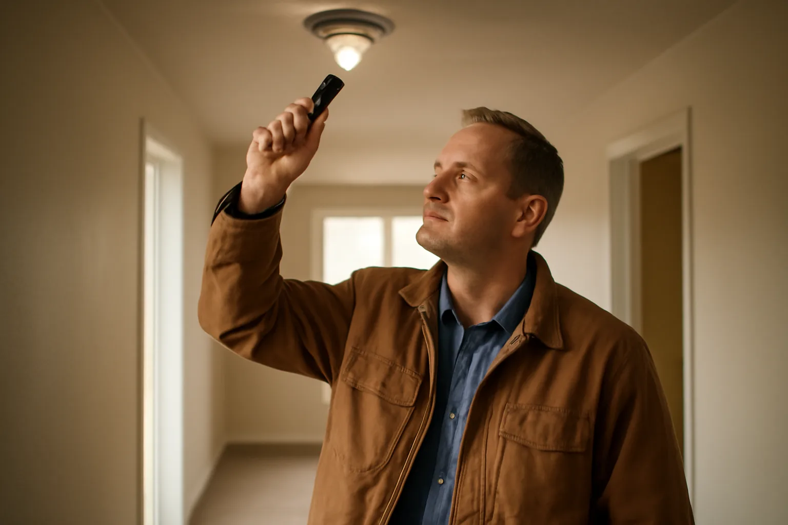 Landlord inspecting a smoke detector during a rental property walk-through