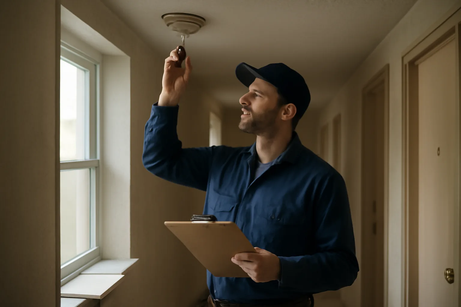 Inspector checking a smoke detector in an apartment hallway during a rental inspection