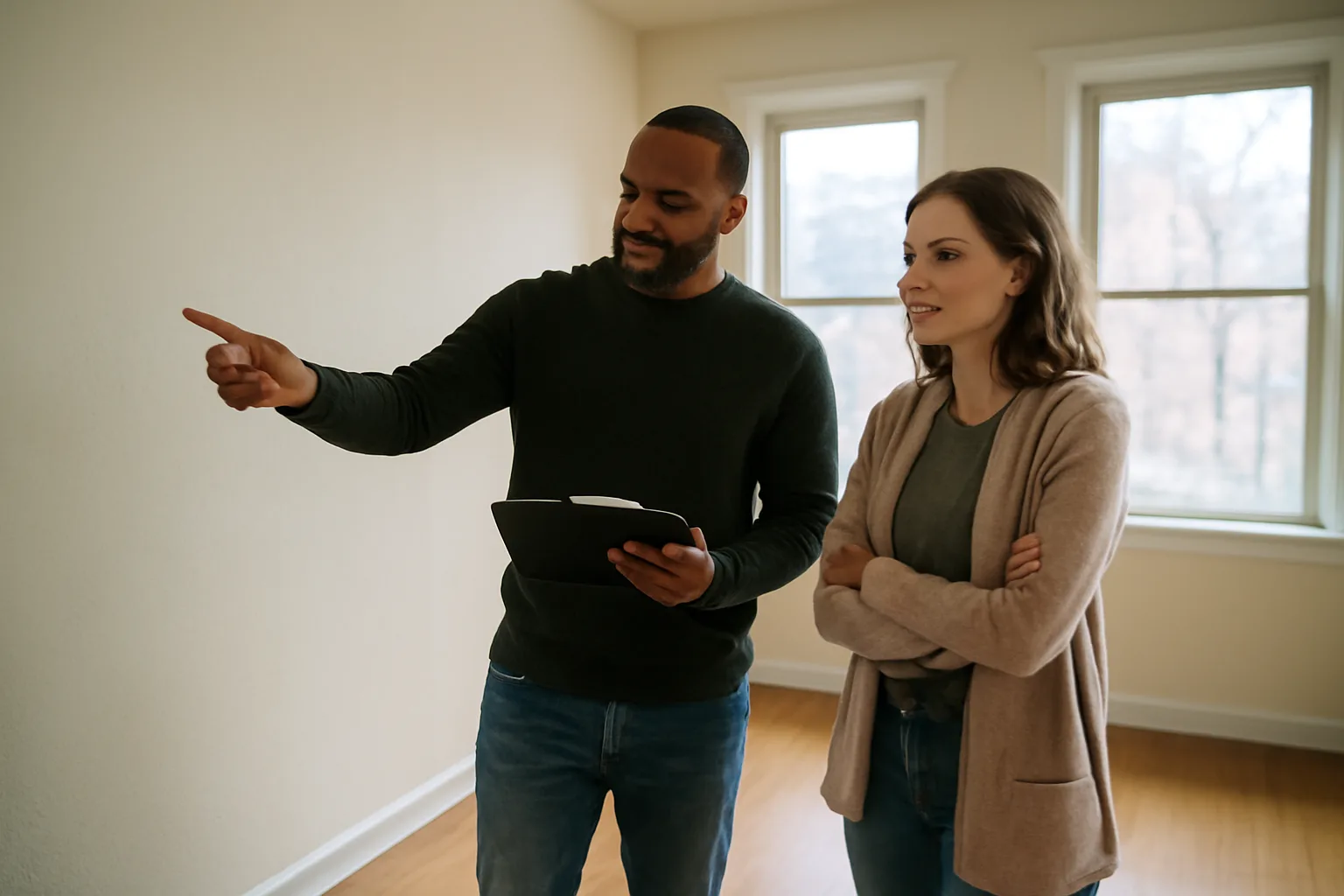 Landlord and tenant reviewing wall condition during a rental walkthrough checklist inspection