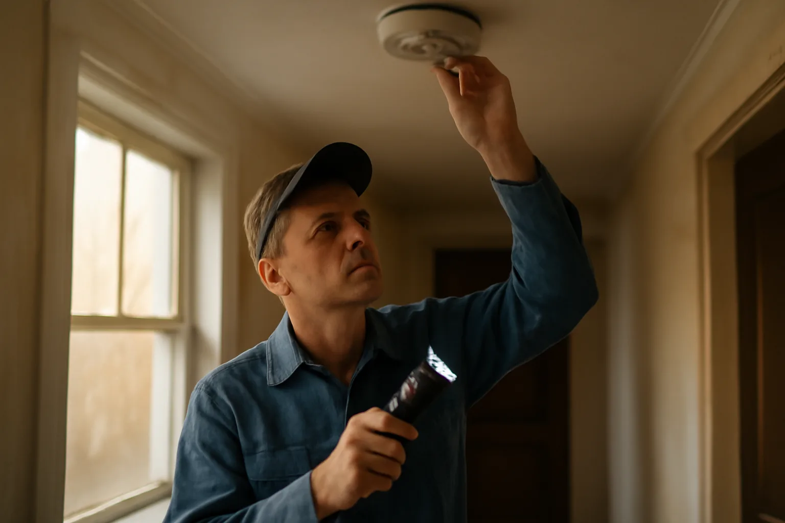 Landlord checking a smoke detector during a rental unit inspection walk-through
