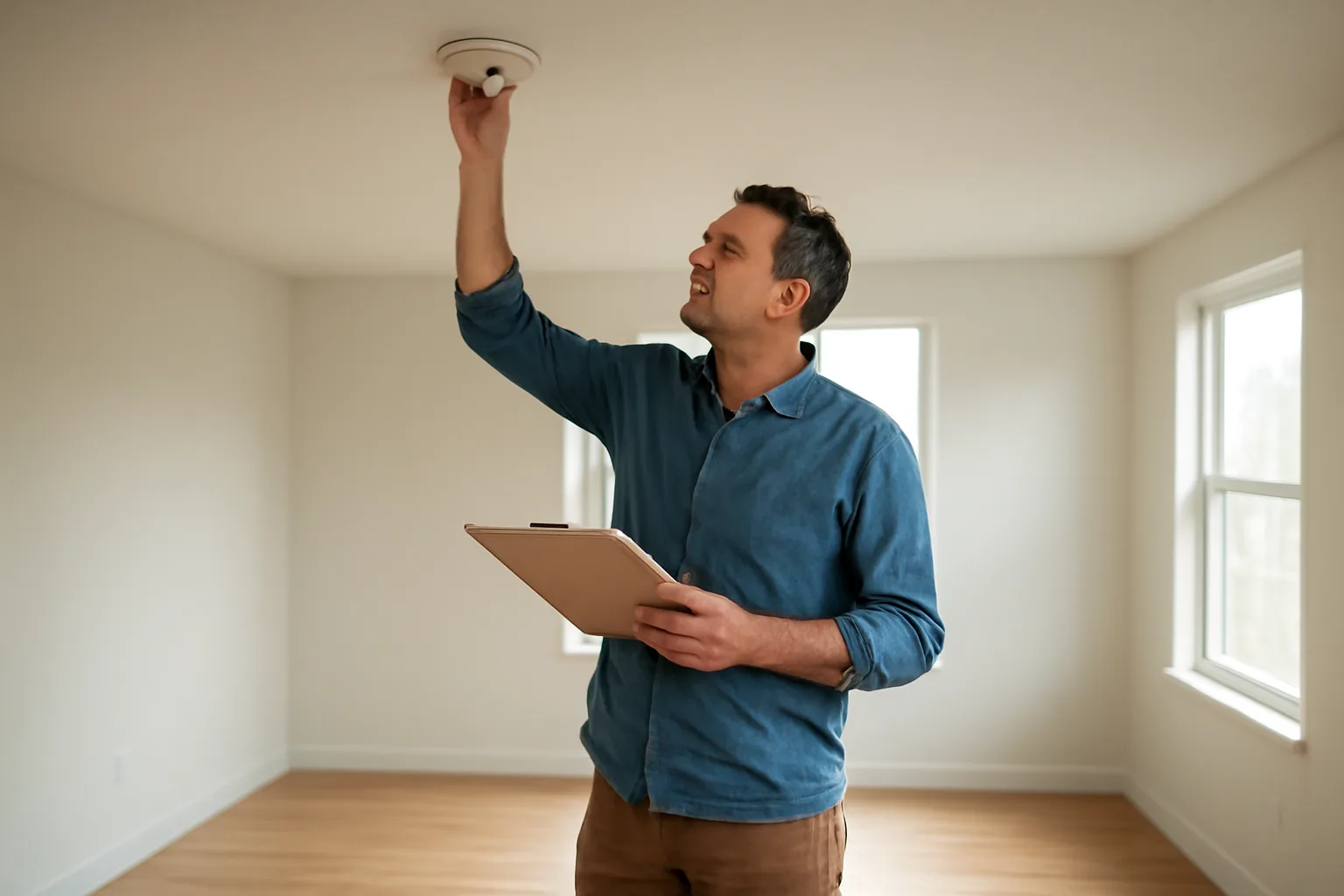 landlord checking smoke detector during a rental property walk-through inspection