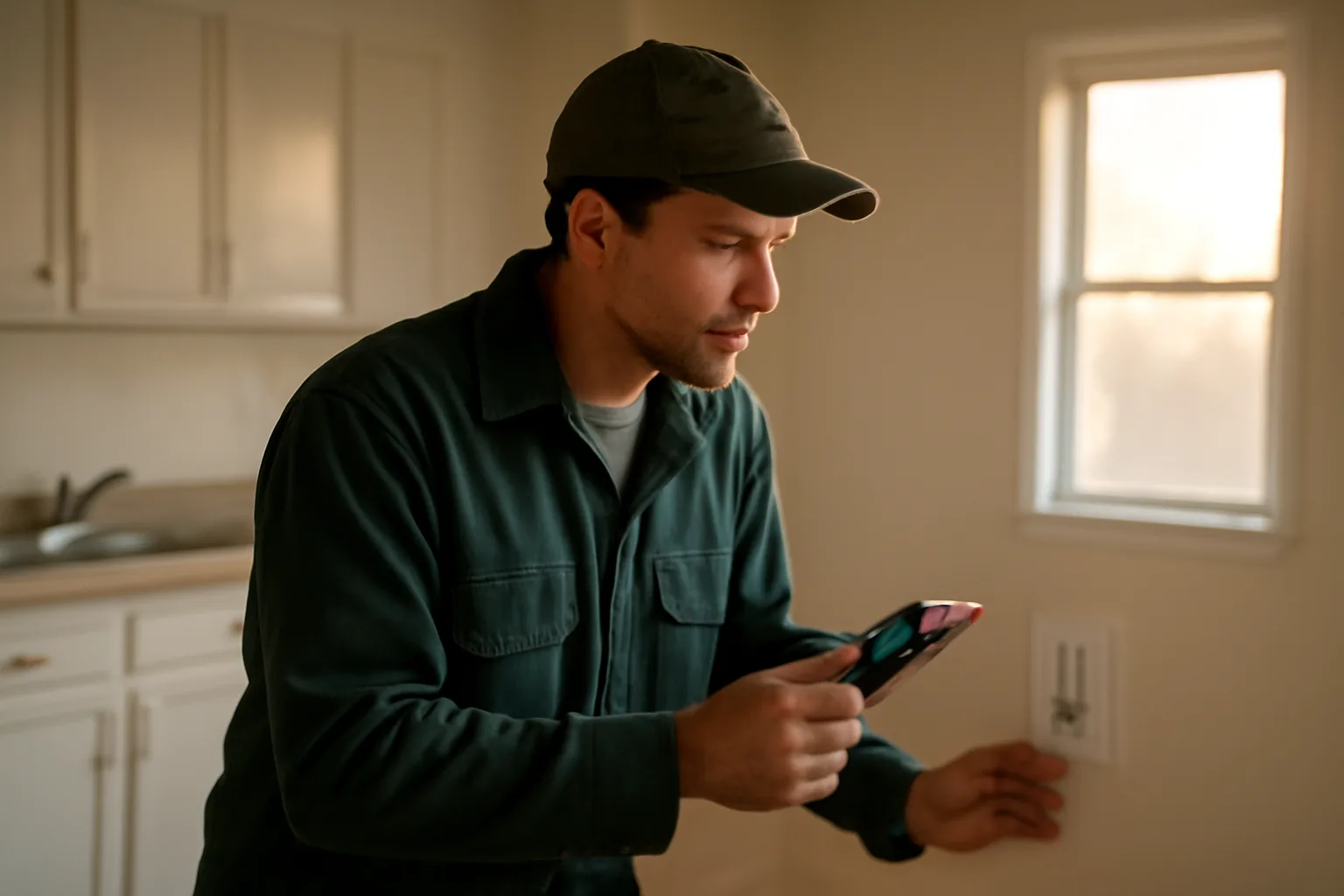 Landlord inspecting an electrical outlet in an empty rental unit kitchen