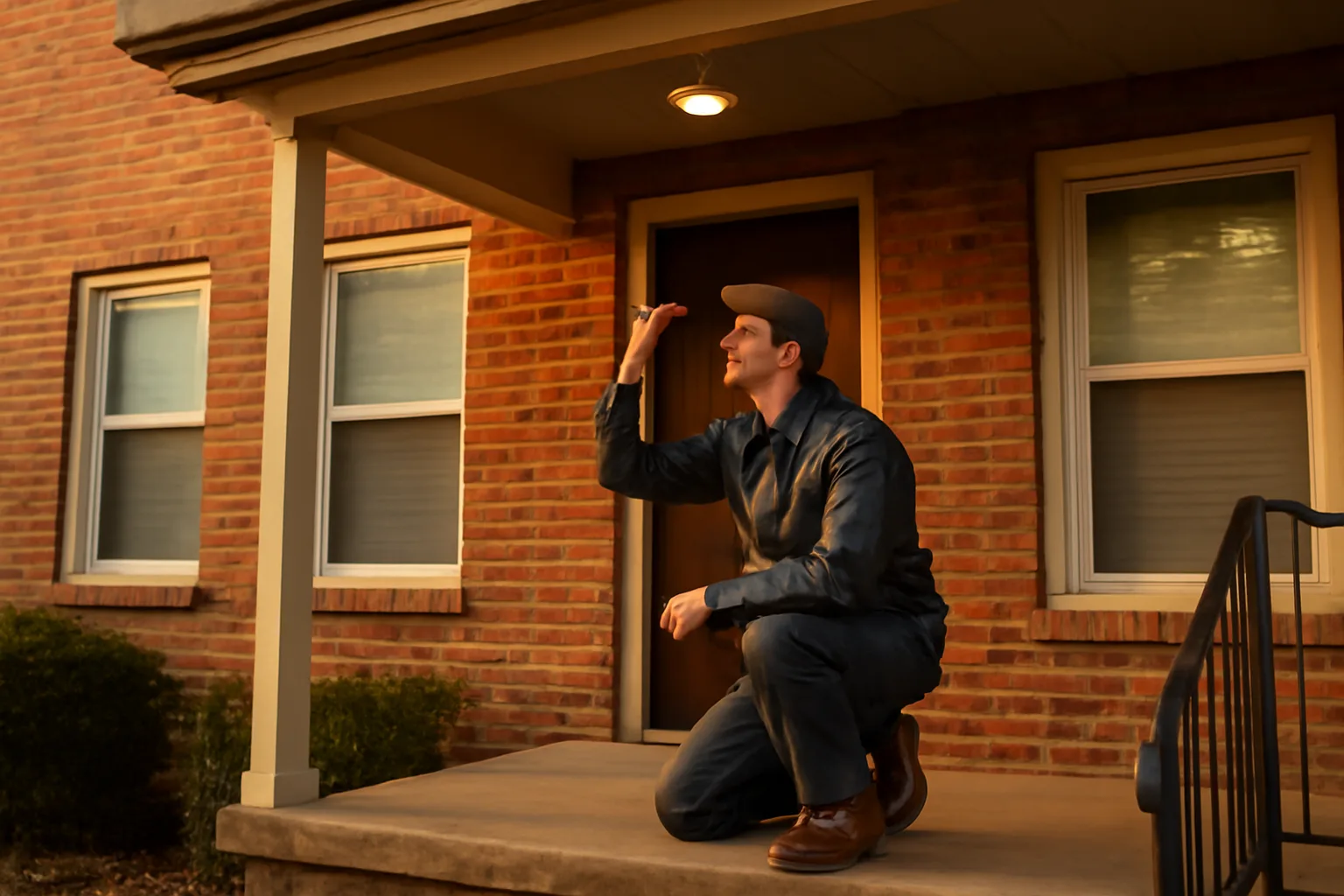 Landlord inspecting a smoke detector on a rental duplex porch at dusk