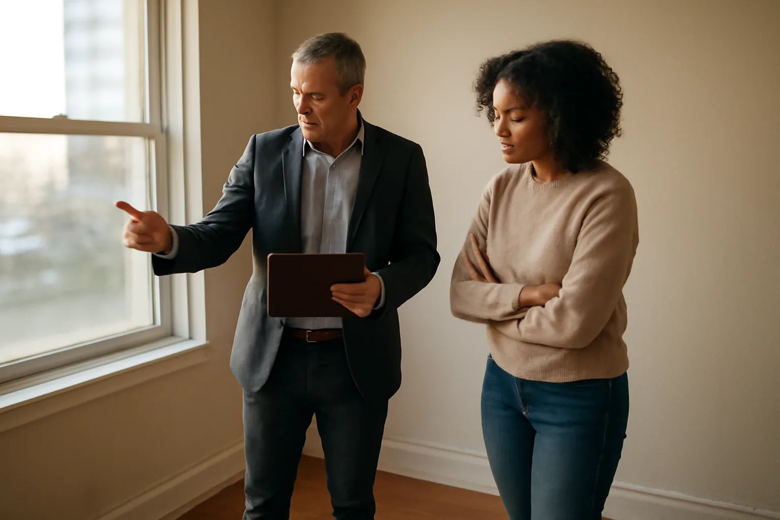 Landlord and tenant reviewing wall condition during a tenant walk through checklist