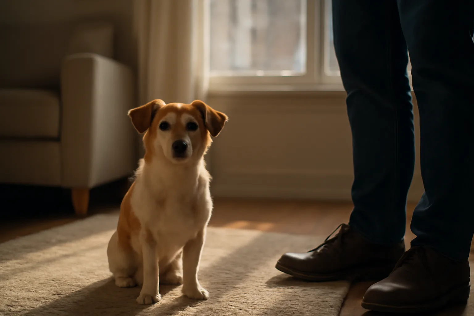Small dog resting on rug beside tenant in sunlit rental apartment living room