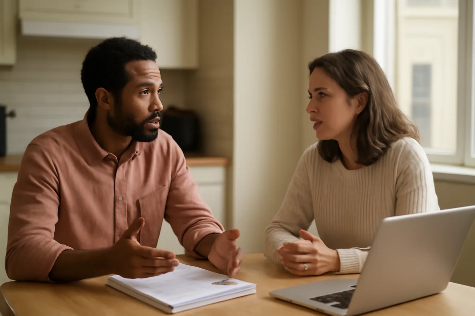 Landlord and applicant discussing rental application at a kitchen table