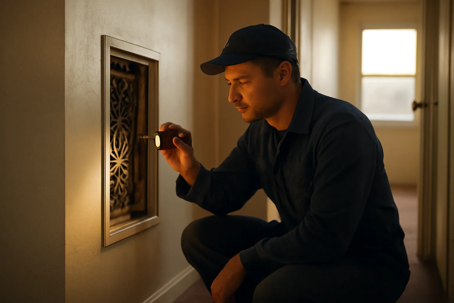Landlord inspecting an electrical panel during a rental unit repair check