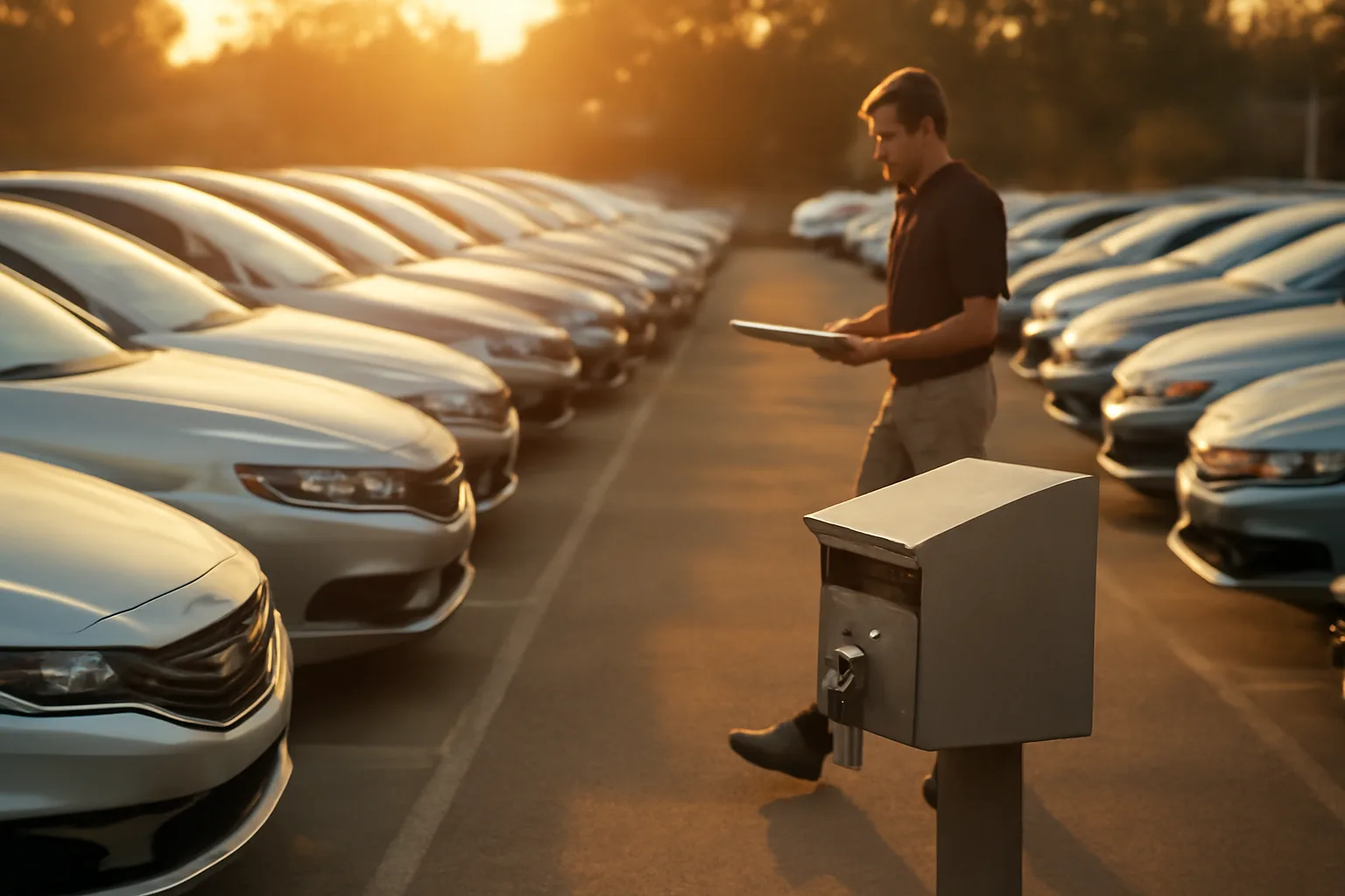 Rows of rental cars in a lot at sunset, illustrating vehicle license fee costs