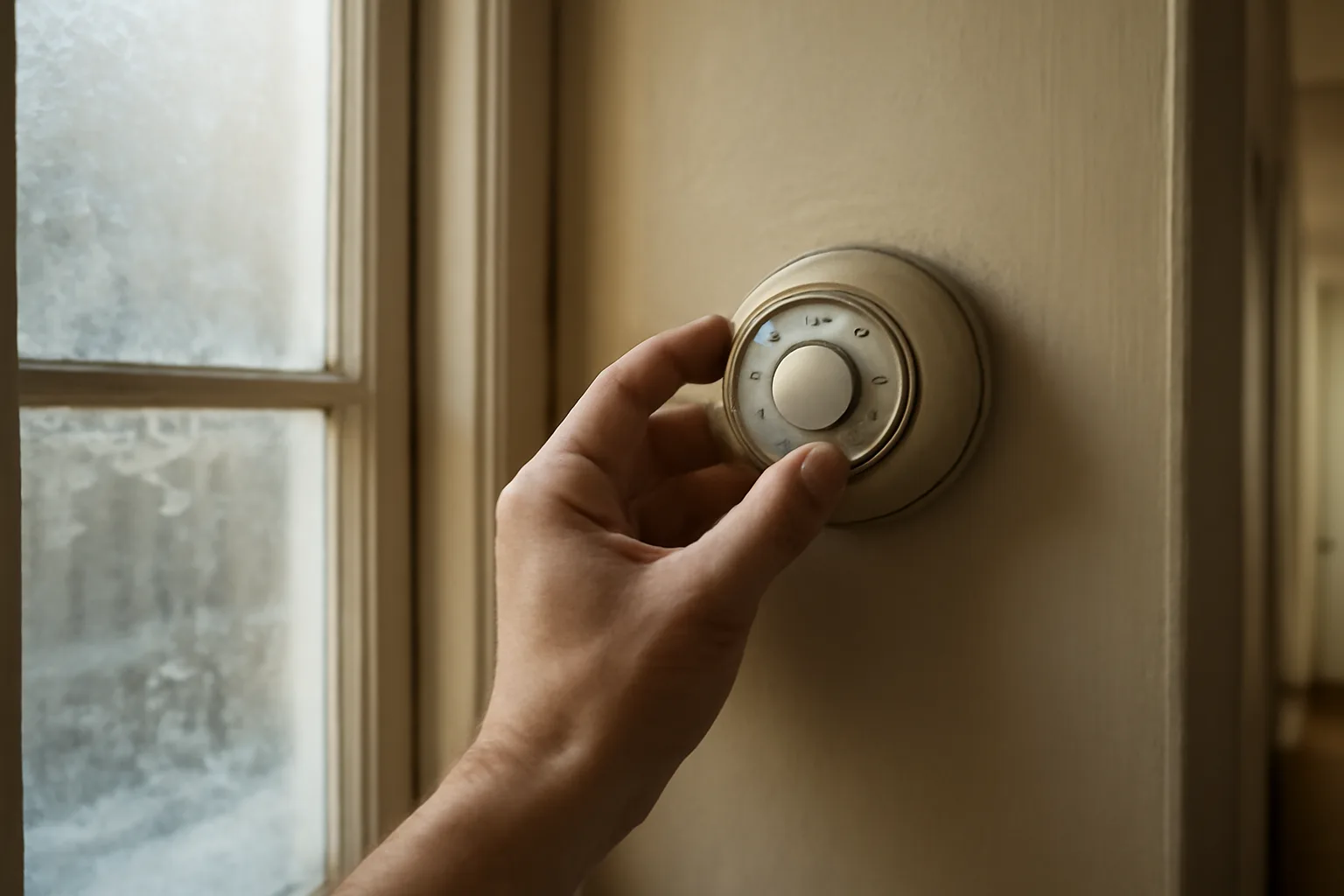 Hand adjusting an analog thermostat dial in an apartment during winter