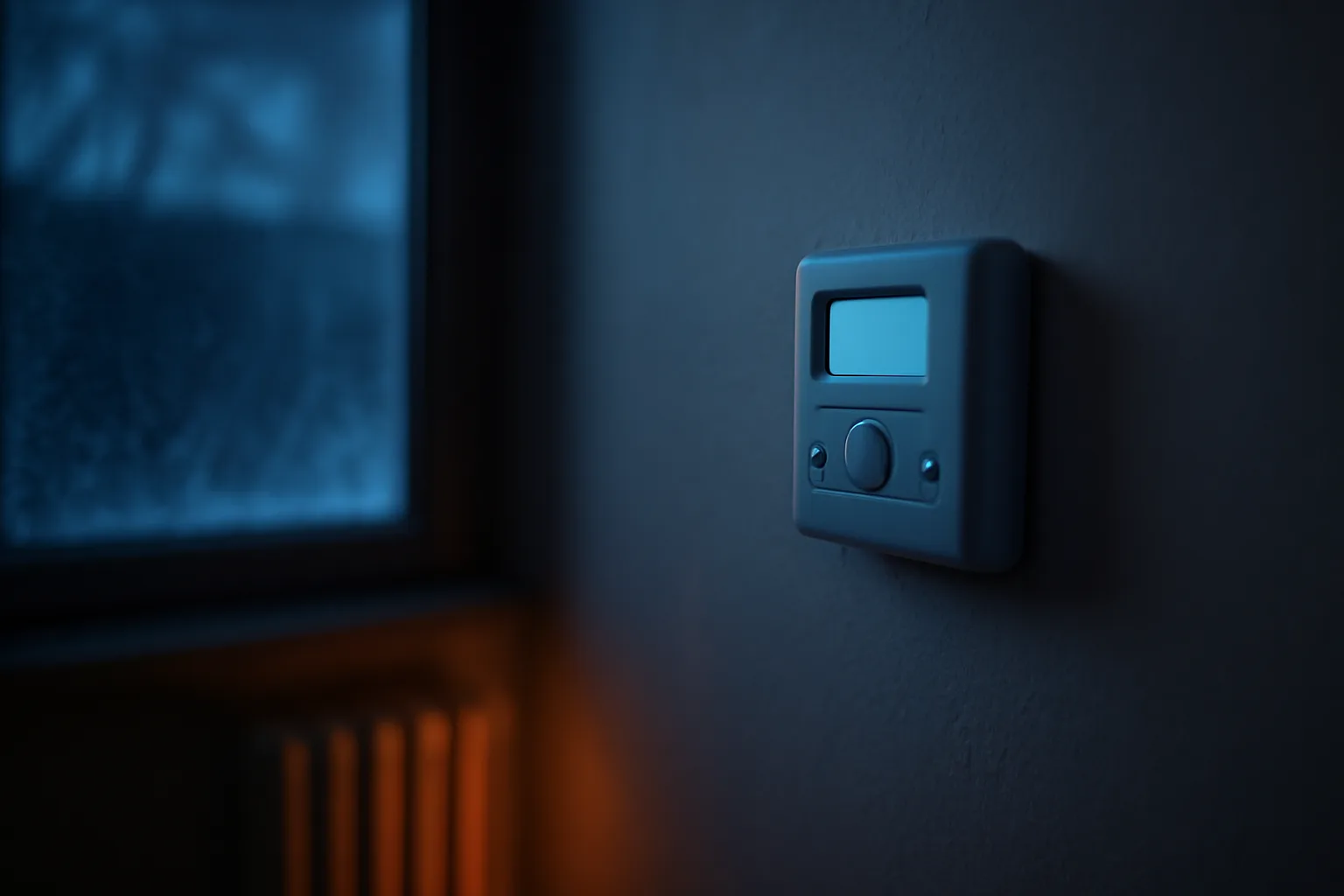 Apartment thermostat and radiator at dusk illustrating landlord heat requirements in winter
