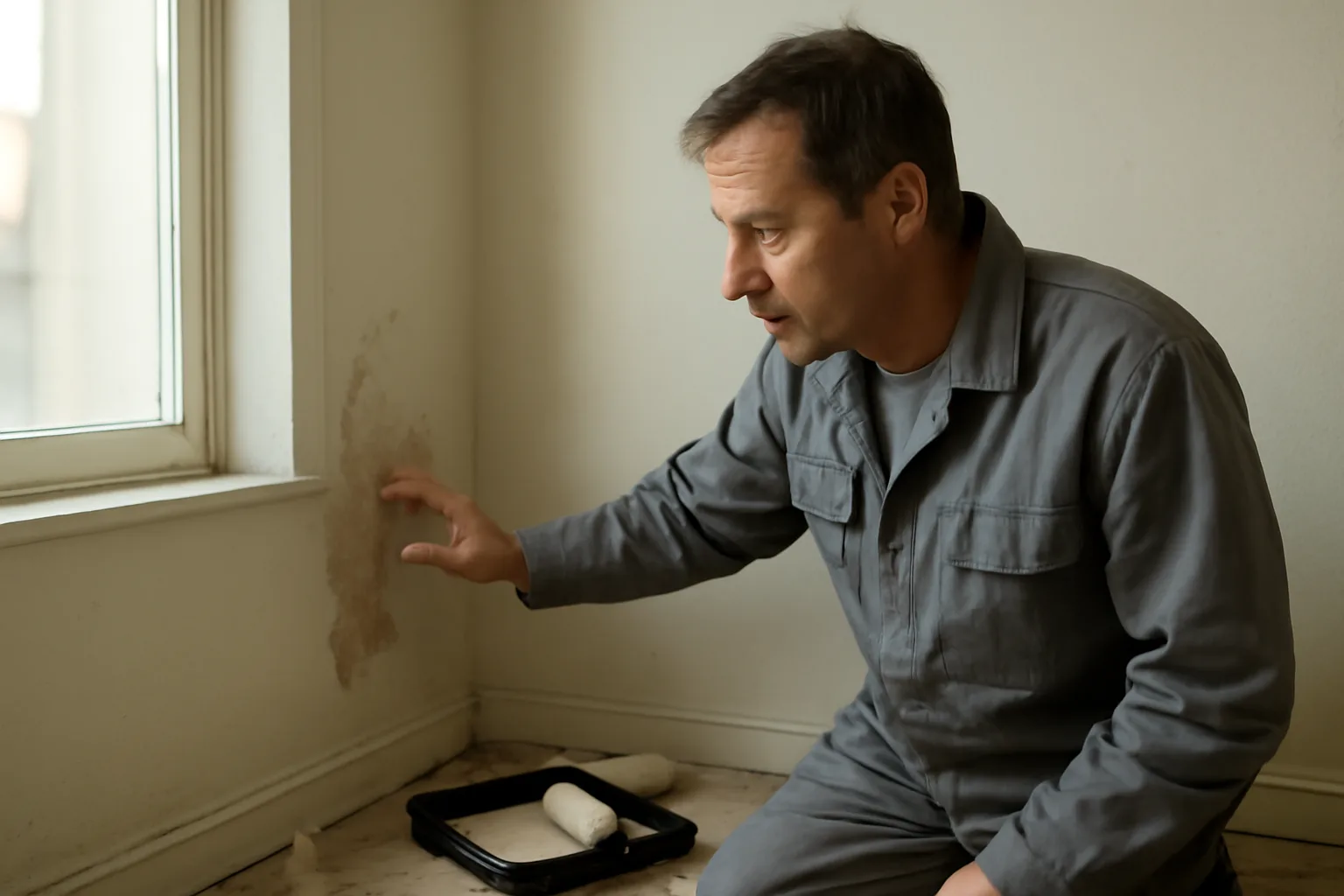Landlord inspecting peeling wall paint in an empty rental unit before repainting