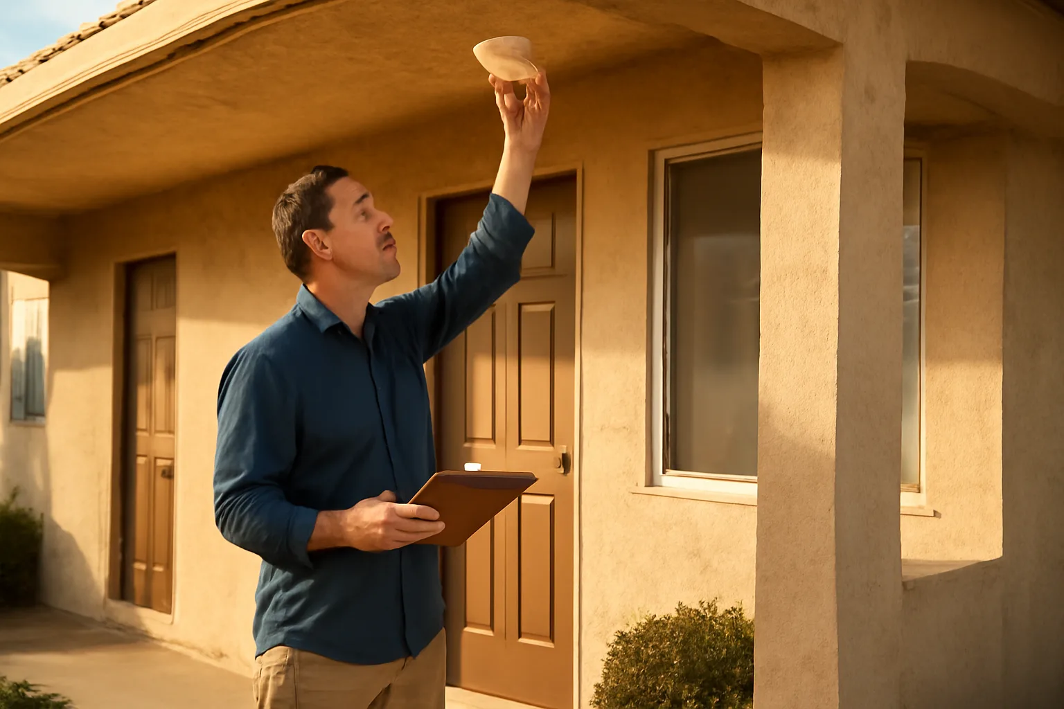 Landlord inspecting a smoke detector outside a California rental duplex