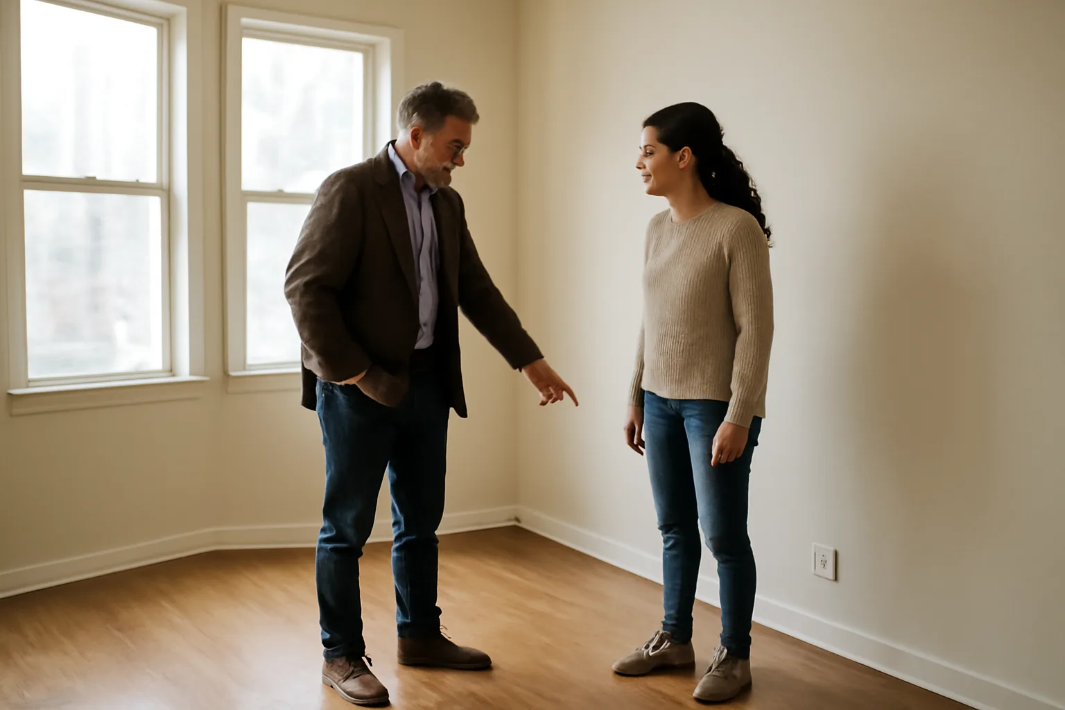 Landlord and tenant reviewing an empty rental unit during a move-in walk-through