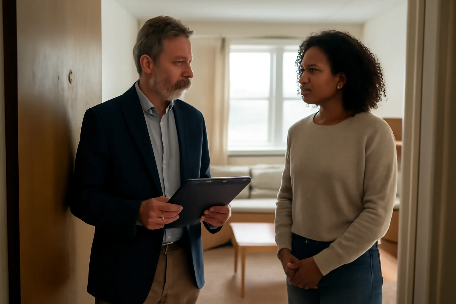 Landlord and tenant reviewing a rental unit during a move-out walk-through inspection