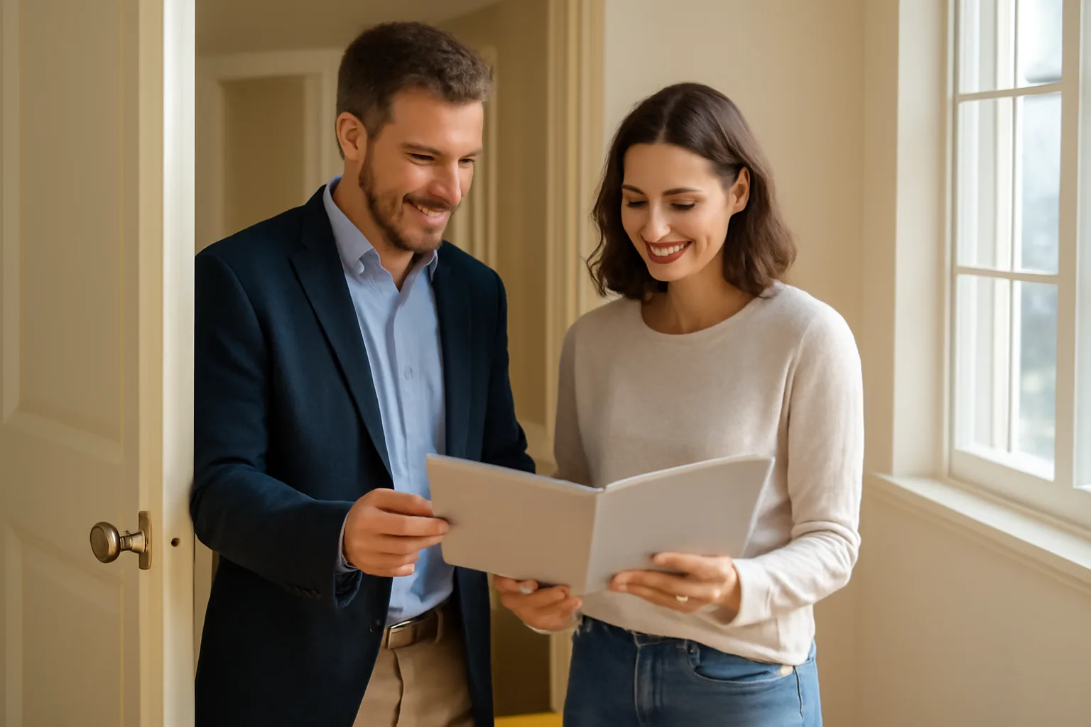 Landlord and tenant discussing lease terms at a California rental unit doorway