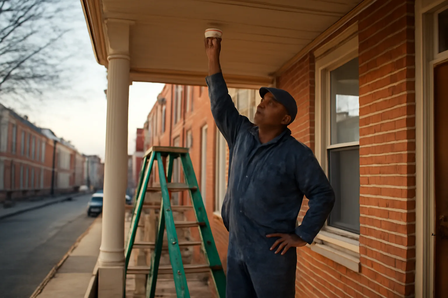 Landlord checking a smoke detector on a Maryland rowhouse porch during a rental inspection
