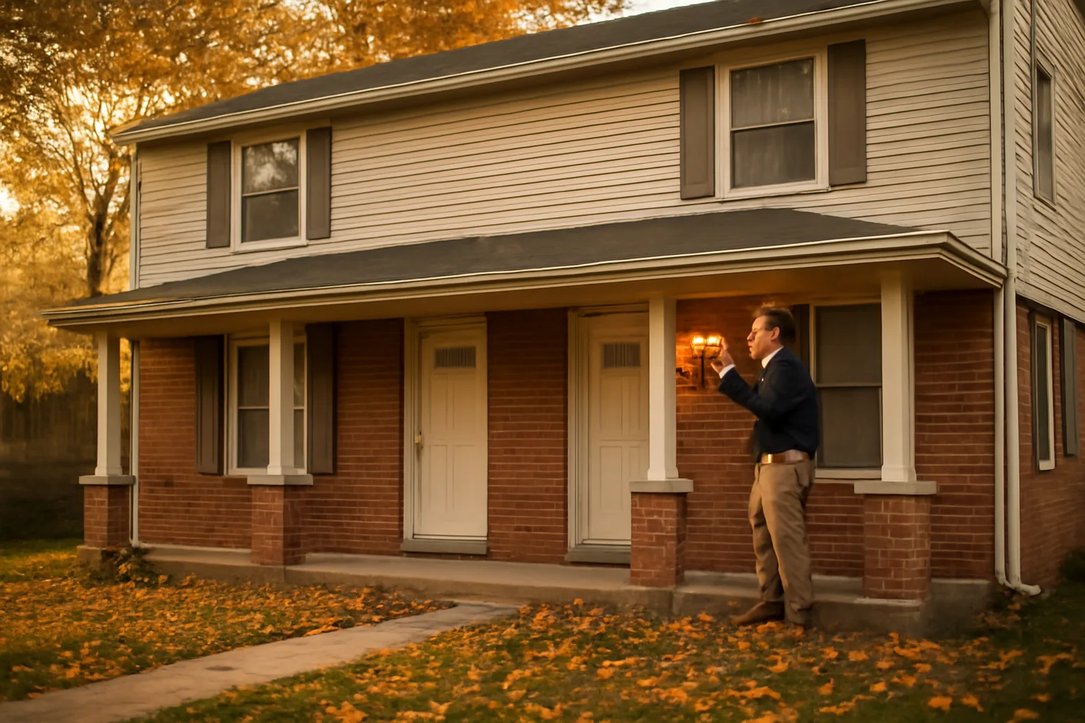 Landlord inspecting porch light on an Iowa rental duplex at sunset