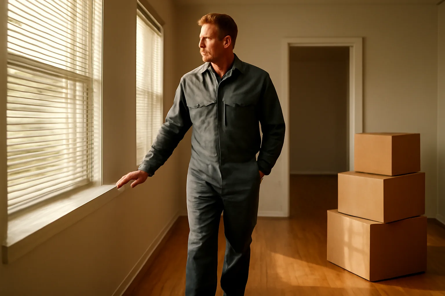 Landlord walking through an empty apartment during a rental inspection under afternoon light