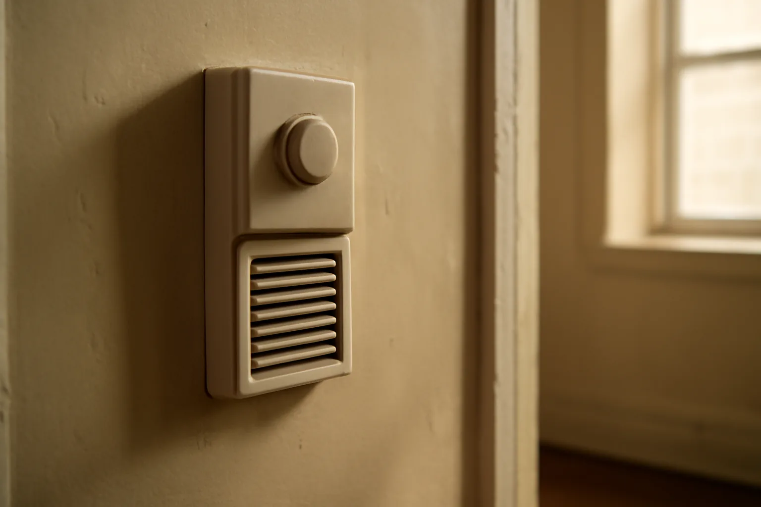 Wall furnace vent in a California rental apartment hallway during late afternoon light