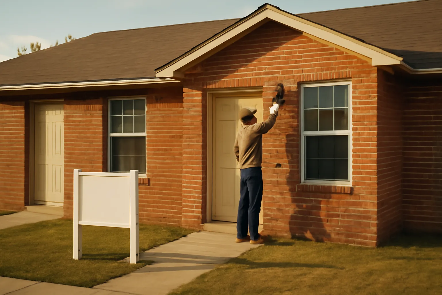 Landlord inspecting a porch light fixture at an Oklahoma rental duplex in late afternoon light