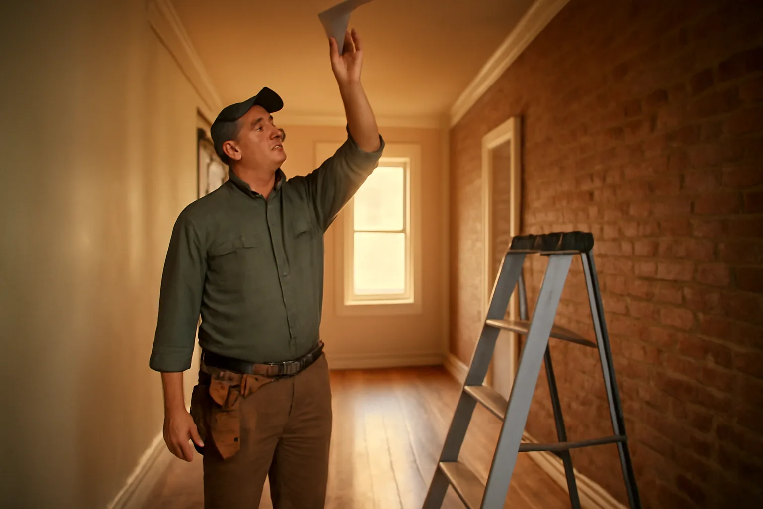 Landlord testing a smoke detector during a rental unit inspection in an older Pennsylvania rowhouse
